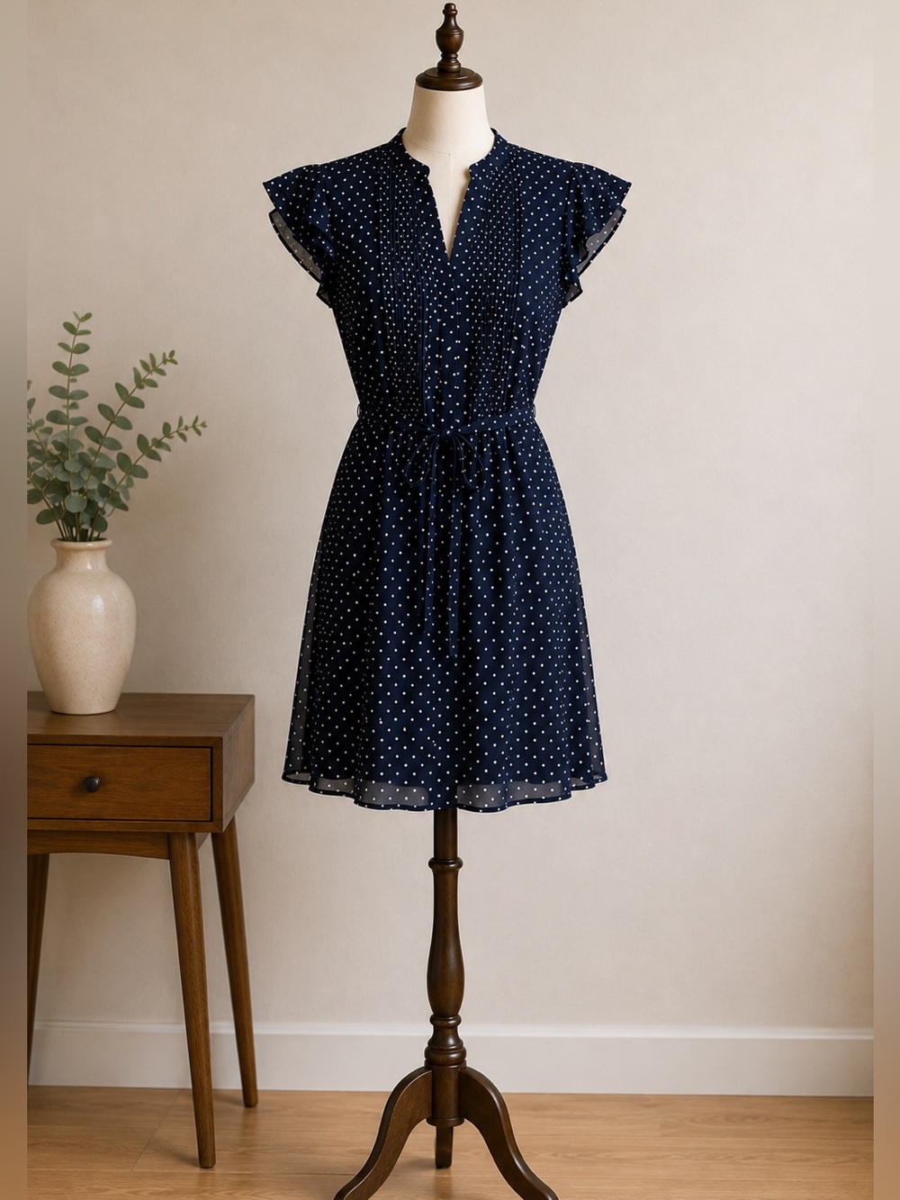 H&M Navy Polka Dot Pleated Flutter Sleeve Dress Parisian Preppy Size 6
